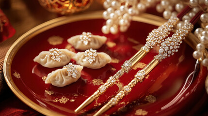 Close-up of dumplings, tea, and festive decorations for Chinese New Year