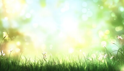 Sunny spring meadow bokeh background with blooming flowers and fresh green grass.