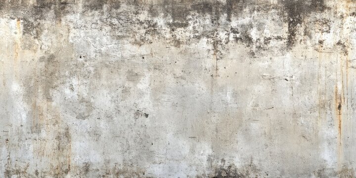 Weathered gray cement wall texture with faded patches and rust stains featuring ample horizontal copy space for construction and industrial presentations