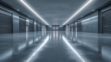 High-end empty garage with clean, polished surfaces, soft white lights enhancing the sleek design 