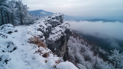 Snowy cliff overlooking misty valley in winter wonderland