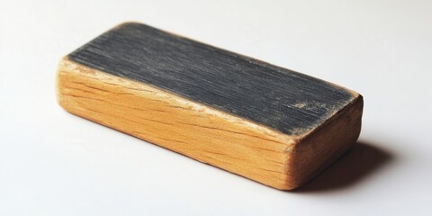 Fototapeta premium Worn wooden blackboard eraser with a weathered black surface resting on a clean white background highlighting rustic textures and simplicity