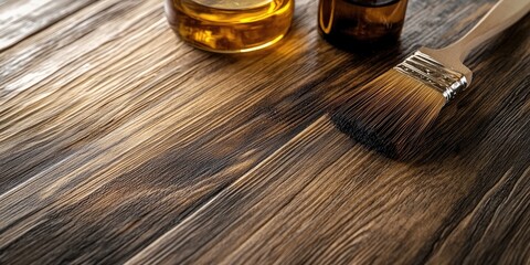 Fototapeta premium Brush applying linseed oil on dark wooden surface with glass bottles in warm amber tones showcasing natural wood texture and ample copy space