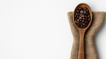 Roasted coffee beans in a wooden spoon on burlap, white background.