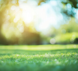 Obraz premium A cheerful spring background featuring light green grass, a clear blue sky, and a bright sunny glow with soft bokeh effects. The warm sunlight enhances the vibrant landscape