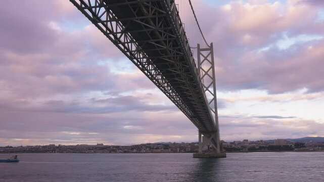Sunset at Akashi Kaikyo Bridge, Passing Under by Sea on Japanese Cruise