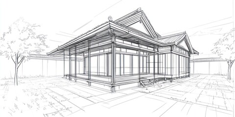 Fototapeta premium Architectural Sketch of a Modern Japanese Style House