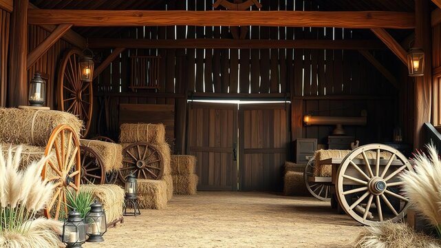 Rustic Western Barn with Straw, Wheels & Lanterns - AI Photo