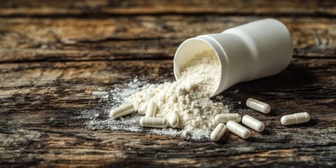 Whey protein powder spilled from white scoop with taurine capsules on rustic wooden surface closeup with natural textures and ample copy space