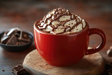 Red mug of hot chocolate with whipped cream and chocolate shavings