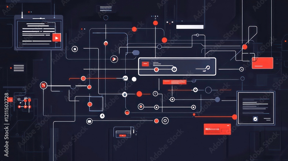 Aufkleber abstract network graphic with nodes, lines, and data boxes.