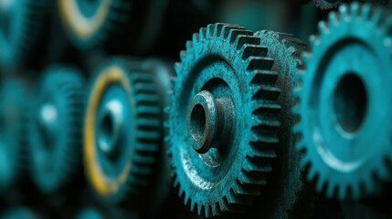 Teal Gears Intermeshing: A Close-Up View of Industrial Machinery