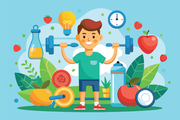 A cheerful boy lifts weights, smiling amidst fruits and fitness items promoting a healthy lifestyle Healthy lifestyle Customizable Cartoon Illustration