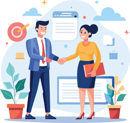 People shaking hands at work - Two businesspeople, man and woman doing handshake in office at work while smiling over business agreement and deal. Flat design stock illustration on white background