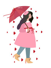 Cute girl fall in love. Valentine's Day greeting design, card or banner. Red heart rain.