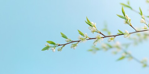 Willow branch with delicate green leaves and white blossoms against a soft pastel blue sky, creating a serene spring atmosphere with ample copy space.