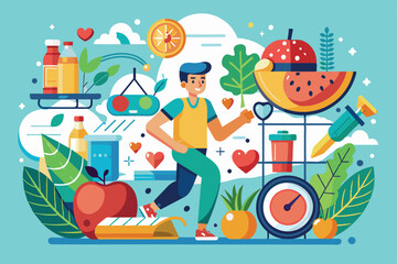 Fototapeta premium A healthy lifestyle is celebrated with a man jogging surrounded by vibrant fruits and fitness elements Healthy lifestyle Customizable Semi Flat Illustration