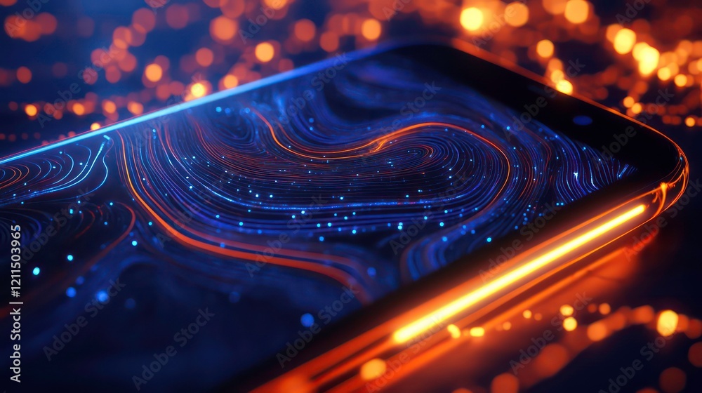 Fototapete abstract glowing lines and particles displayed on a smartphone screen.