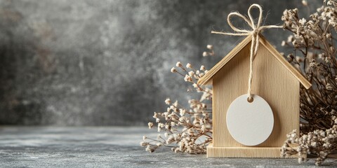 Wooden toy house with tied round tag on left side against textured gray cement background with dried flowers on the right creating a serene atmosphere