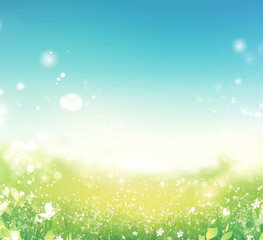 Obraz premium A cheerful spring background featuring light green grass, a clear blue sky, and a bright sunny glow with soft bokeh effects. The warm sunlight enhances the vibrant landscape