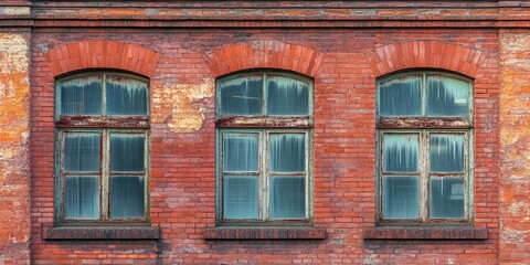 Weathered red brick wall of an educational building featuring three arched windows with green frames, showing signs of aging and peeling paint.