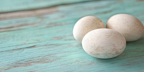White wooden eggs arranged on a vibrant turquoise wood table with a rustic texture in a soft, serene lighting setting.
