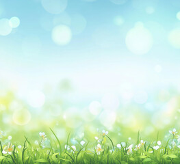 A cheerful spring background featuring light green grass, a clear blue sky, and a bright sunny glow with soft bokeh effects. The warm sunlight enhances the vibrant landscape