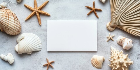 Summer beach scene with a white card centered amidst starfish and seashells on a soft gray pastel background, evoking a coastal vibe.
