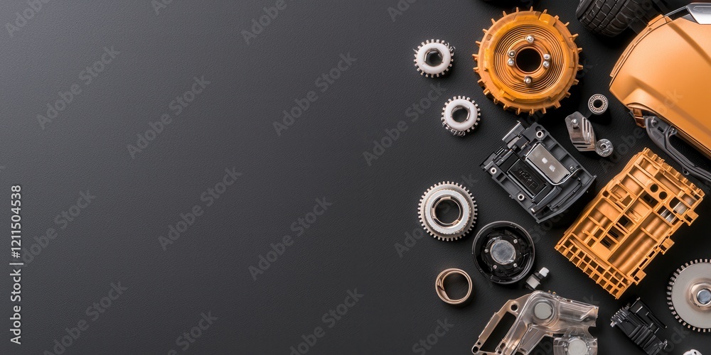 Poster ev car concept. various mechanical components arranged on a dark surface, showcasing intricate desig