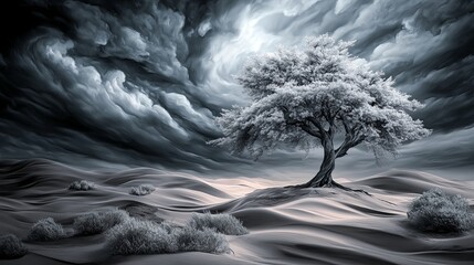 Lone Tree in Barren Landscape Under Dramatic Sky