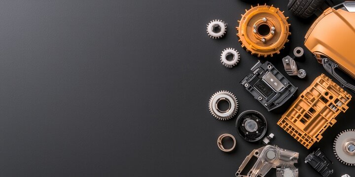 ev car concept. Various mechanical components arranged on a dark surface, showcasing intricate designs and textures.