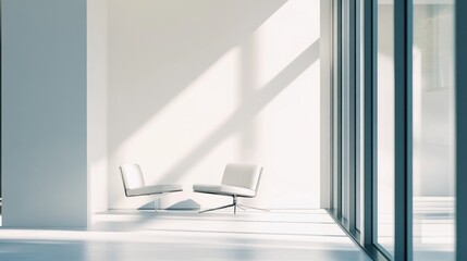 Minimalist Modern Interior Design: Two White Lounge Chairs in a Sunlit Room