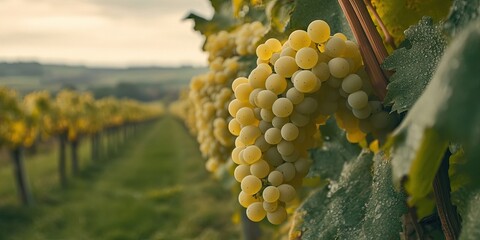 Yellow Riesling grape clusters in focus on vine with blurred vineyard rows and rolling hills under soft evening light in background