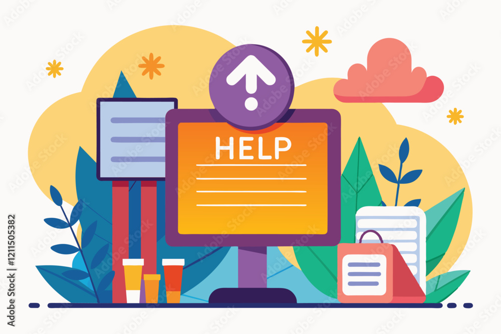 Poster a colorful help desk display with customizable signs and a computer, set in a lively office space he