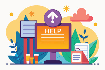 A colorful help desk display with customizable signs and a computer, set in a lively office space Helpful sign Customizable Flat Illustration