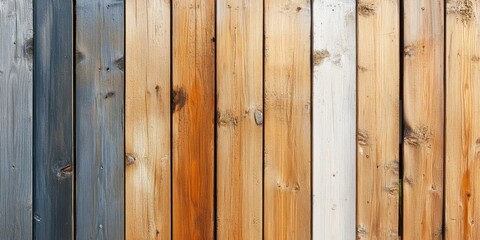 Naklejka premium Wooden fence panels with varying colors of wood preservative fresh paint in lighter areas showcasing a drying process against a neutral background