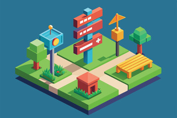 A colorful park displays a variety of helpful sign structures surrounded by trees and benches Helpful sign Customizable Isometric Illustration