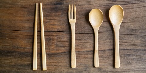 Wooden chopsticks, fork, and spoons in a row on a rustic wooden surface with natural tones showcasing a minimalist kitchen utensil arrangement