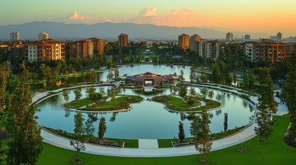 Fototapeta premium Serene Sunset Vista: Lakeside Community Panorama