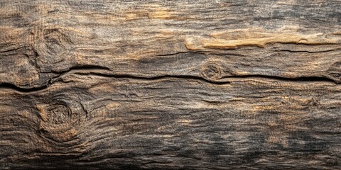 Aged wood texture background with deep brown and grey tones featuring cracks and knots positioned centrally for design and visuals.