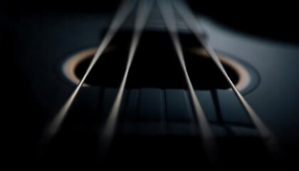 Fototapeta premium Close-up of Acoustic Guitar Strings and Soundhole: A Dark and Moody Musical Image