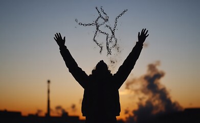 Silhouette of a man breaking chains with arms raised against a dramatic cloud sky at sunset, symbolizing freedom and emotional expression.