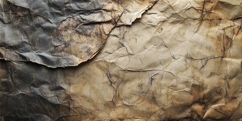 Fototapeta premium Aged crumpled paper textured background featuring dark browns and light tans with prominent creases and folds in a layered arrangement