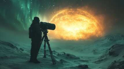 Fototapeta premium Researcher observes aurora and planetary surface in stunning arctic landscape