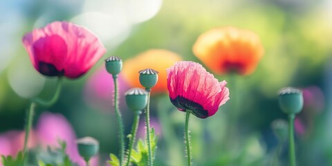 Fototapeta premium Pink and orange wild poppy flowers with blurred green background and bright sunlight showcasing plant buds and ample copy space for text