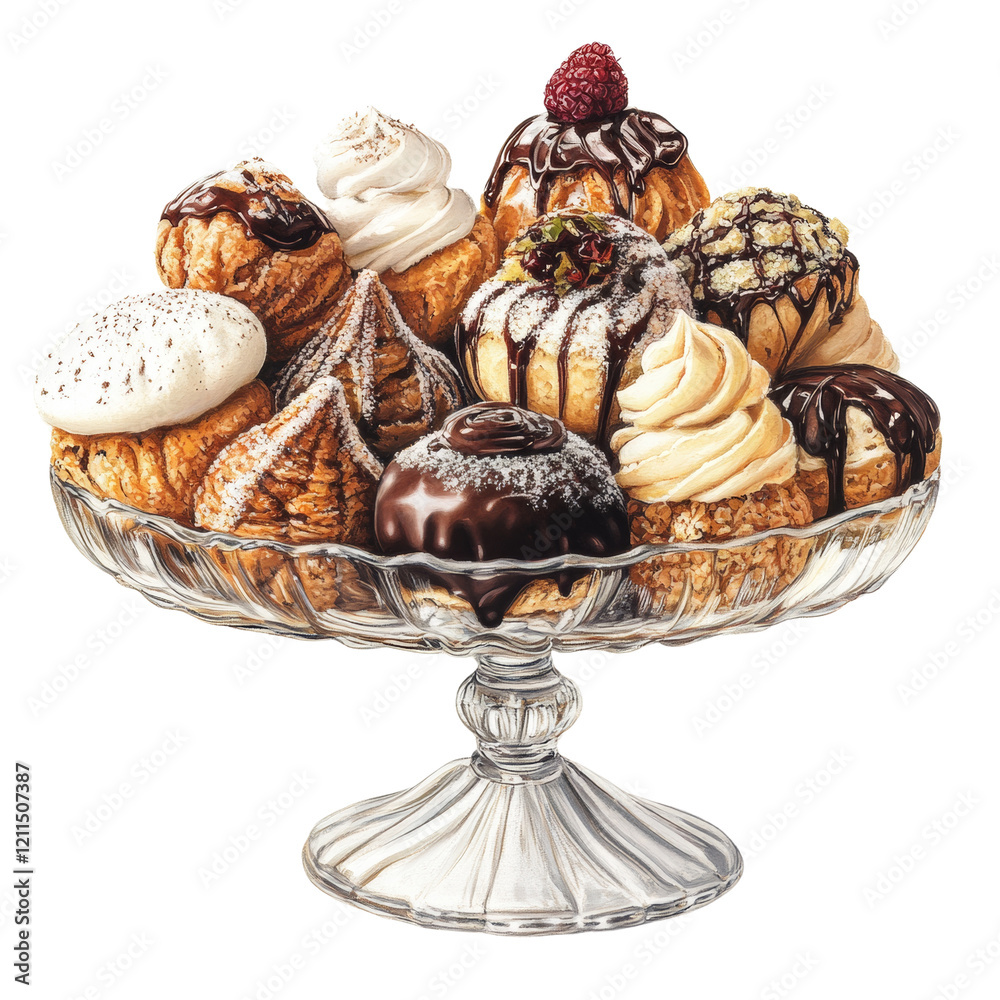 Poster an assortment of various cream puffs with chocolate and cream toppings sits on a glass cake stand.