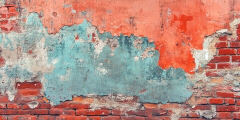 Textured wall with peeling turquoise and orange paint over exposed red bricks, showcasing a rustic, weathered appearance with visible cracks and layers.