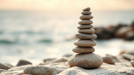 Fototapeta premium Tranquil Ocean Cairn, Peaceful Wellness