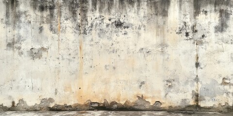 Weathered concrete wall with prominent stains and leaks in beige and gray tones, featuring a rough textured surface and uneven patterns.