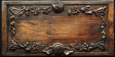 Carved wooden plaque with floral motifs featuring dark brown tones, centered with two ornate rosettes, displaying intricate detailing and texture.